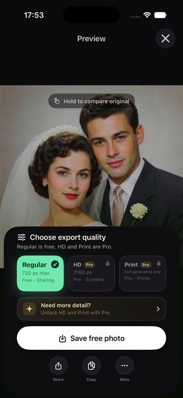 Choosing export quality after restoring a photo in Memento AI