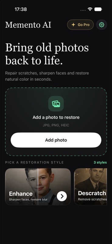 Memento AI home screen for choosing an old photo to restore