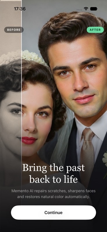 Memento AI old photo restoration introduction on iPhone